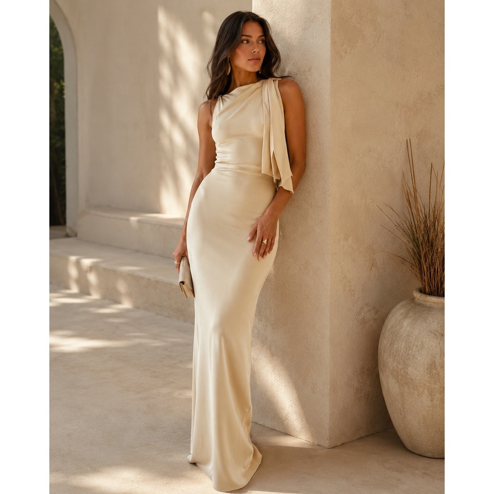 Commense Elegant Cream Draped Shoulder Sleeveless Maxi Evening Dress XS